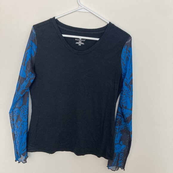 Segments Women’s Merino Wool Blend Shirt Mushroom Sleeves Black Blue Size M - Picture 3 of 6